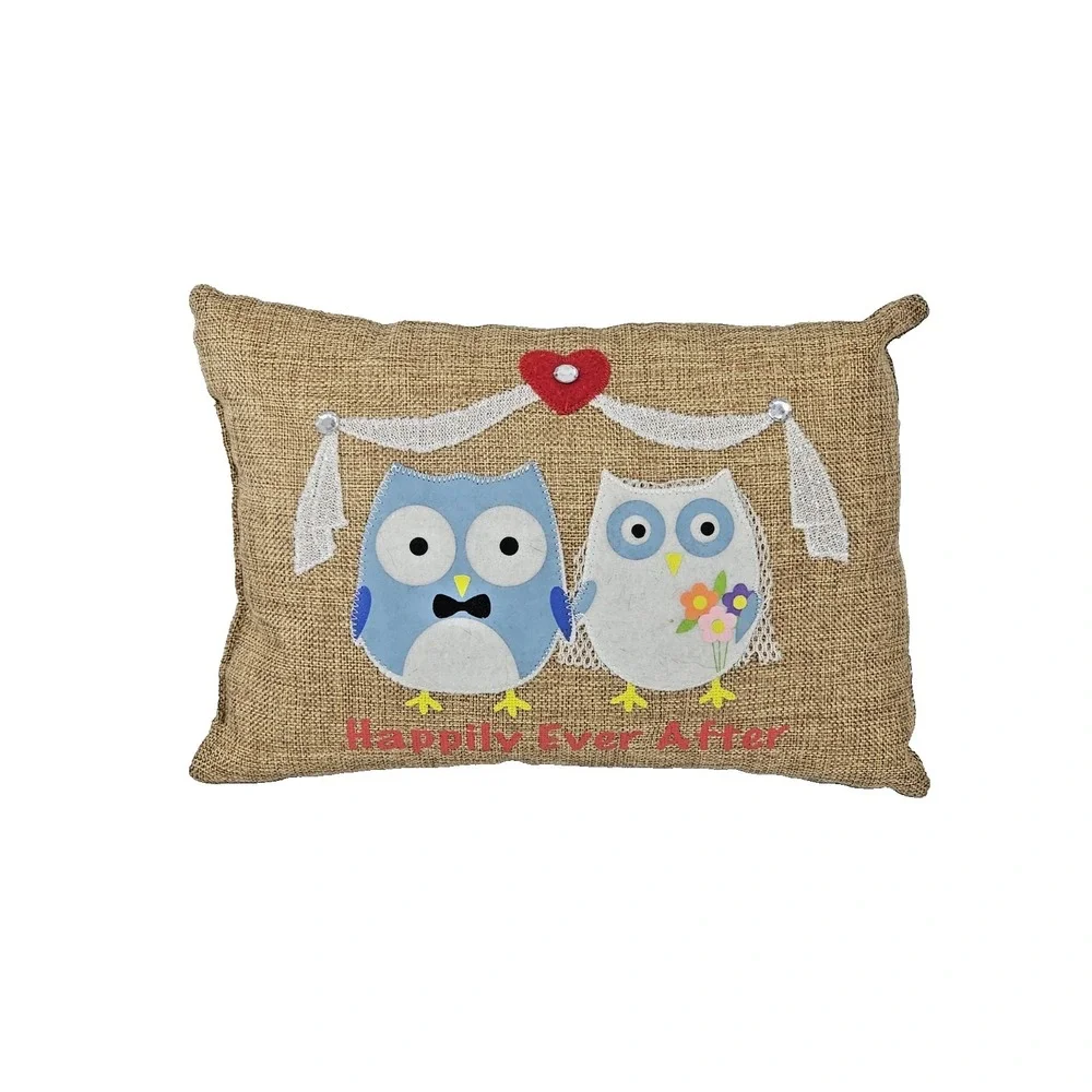 Happily Ever After Owl‎ Wedding Married Couple Throw Pillow Heart Love burlap